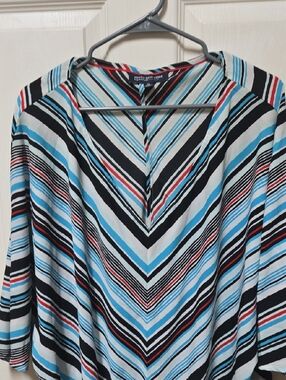 Jones New York Striped V-Neck Blouse in Blue, Black & Red